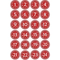 24 Red Christmas countdown calendar stickers with white numbers 1-24 for gift boxes - Red Numbers