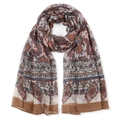 Bohemian paisley printed scarf for women with red and blue floral patterns on beige - Coffee