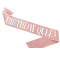 Detail of pink glitter birthday queen sash with holographic silver laser lettering - Holographic Pink Birthday Queen