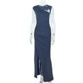 Detail of navy blue maxi dress featuring side ruching and elegant high slit design - S / Dark Blue