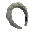 Detail of grey plush twisted headband featuring a black handmade textile label inside - Twisted Sponge Headband / Gray