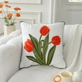 Square pillow cover with orange tulip embroidery and green piping on white fabric - 3 Red Tulips (Cover Only)