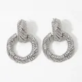 Fashionable silver latch-back hoop earrings with textured woven geometric surface - Silver(PDE2578)