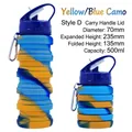 Collapsible blue and yellow camo silicone water bottle with carabiner in 500ml - Carry Handle Cap/Yellow Blue Camo