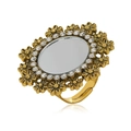 Macro detail of Bohemian gold flower ring with mirror center and sparkling crystal accents - Adjustable Open / Antique Gold
