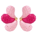 Pink raffia woven butterfly earrings with golden beads in a geometric handmade design - Pink Two-Tone Patchwork Woven Butterfly Earrings