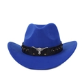 Détail du chapeau de cowboy bleu roi avec ornement métallique tête de taureau argent - Bleu (Bande en cuir noir)