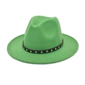 Detail of green wool fedora with black ribbon featuring silver metallic rivet studs - Grass Green