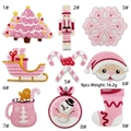 Detailed embroidery of 9-piece pink Christmas patch set including Santa and Snowman - Pink Christmas Patches Set of 9