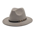 Detail of grey wide brim fedora hat with black leather band and gold buckle - M (56-58cm) / Light Gray