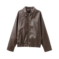 Detail of dark brown faux leather bomber jacket with vintage collar and metallic zipper - XS / Coffee