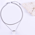 Double-layered silver necklace with snake chain and white pearl pendant for women - Steel