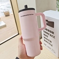 Pink matte stainless steel vacuum tumbler with black handle and future expectation print - Handle Cup Pink