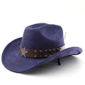 Detail of navy suede cowboy hat featuring brown leather band and silver sheriff star - M (56-58cm) / Navy Blue