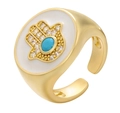 Verstellbarer goldener Ring mit weißem Emaille und funkelndem Hamsa-Hand-Detail - Einstellbar Offen / Weiß