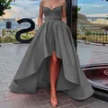 Satin strapless high-low evening gown in grey featuring a sexy V-neckline and train - US size 12 (L) / Gray