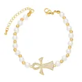 Fashionable pearl and gold bead bracelet featuring a sparkling crystal Ankh cross charm - A-Ankh Life Symbol