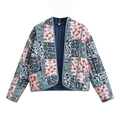 Close-up of quilted floral patchwork jacket showing detailed blue and pink stitch patterns - S / Blue
