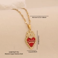 Golden heart necklace with red enamel crown and sparkling crystals on stainless steel chain - Flaming Crown Sacred Heart Style (5#)