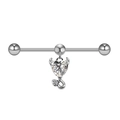 Detail of silver heart-shaped devil industrial barbell with cubic zirconia and demon horns - White