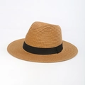 Classic light brown woven straw panama hat with minimalist black band for summer sun protection - Adult One Size 56-58cm / Khaki