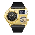 Oulm gold sports watch with unique irregular case, black leather strap and dual time display - Gold Case Black Dial