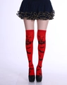 Red Halloween over-knee socks with black bat and haunted house prints for party wear - One Size / Red Halloween Style