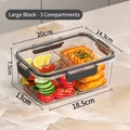 Two-pack of 3-compartment transparent food prep containers with black lids, 20x14.3x7.5cm - 2 Pcs/Set / Divided - Black Large