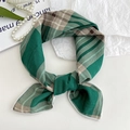 Green and beige checkered cotton linen neck scarf with elegant knot design for women - Square Line Green