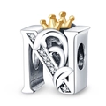 Silver bead charm with letter N design and golden crown set with cubic zirconia - Letter N