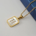 Titanium steel square pendant necklace featuring shell inlay letter H in gold finish - Gold Letter H