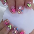 Pink heart press-on nails with colorful hand-painted designs and glitter accents - Colorful Hand-Painted Heart Glue Style (Y-415)