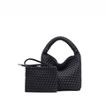 Classic black woven shoulder bag set with matching pouch and silver metal zipper details - Black