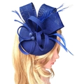 Elegant royal blue fascinator hat with mesh flowers and feathers for party events - Blue