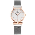 Minimalist women's watch with rose gold leaf-textured dial and grey Milanese mesh strap - White Dial Silver Band
