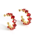 Golden 18K stainless steel C-shaped earrings set with red square-cut zircons - Gold Red Zirconia