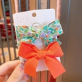 Floral green and solid orange bow hair clips for girls set on handmade display card - Orange Floral & Solid Bow Set