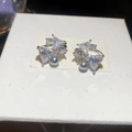 Macro shot of silver bow clip earrings with sparkling zircons and grey faux pearls - Silver Pair (Geometric Pearl Style)