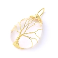 Tree of Life teardrop pendant with rose quartz crystal and golden wire wrapping - White Crystal Gold