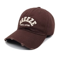 Close-up of distressed brim and 3D BREEZE embroidery on cotton baseball cap - Coffee / M (56-58cm)