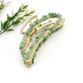 Detailed top view of handmade gold wire banana hair clip with green crystal stones - Gold + Green Aventurine