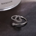 Elegant adjustable silver ring with zircon heart and six-prong round stone design - Adjustable Open / Silver