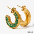 Golden C-shaped hoop earrings with rows of sparkling green gemstones and metal backs - Gold with Green Stone (KDE1265)