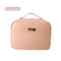 Hanging peach pink makeup bag with portable handle and gold makeup beauty plaque - Peach Wood (Leather Handheld)