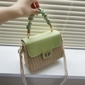 Light green woven straw box bag with pleated handle and beige rope shoulder straps - Green