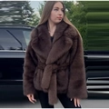 Brown long-sleeved faux fur coat with lapel collar and waist tie belt for women - S / Coffee