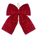 Detailed view of a large red sequined Christmas bow ornament with fine hanging string - Red Sequin