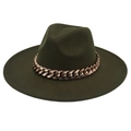 Dark green wide brim fedora hat with elegant rose gold chain detail and classic crown - Adult (57-60cm) / Army Green