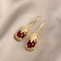 Elegant gold-plated drop earrings with red teardrop stones and sparkling white crystals - Gold Red Teardrop Gem Leverback