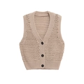 Beige hollow-out knit vest for women with V-neckline and button-down front design - S / Khaki